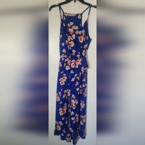 Women's Floral Bright Blue Wrap Style Dress With Side Tie.